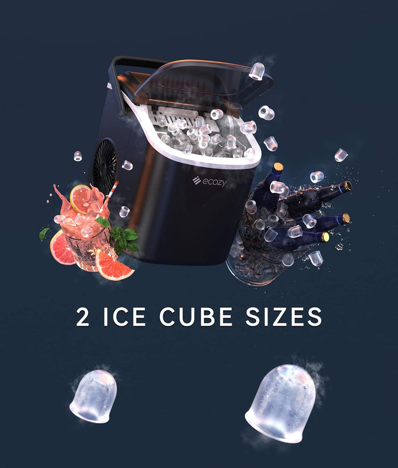 ecozy Portable Ice Maker Countertop, 9 Cubes Ready in 6 Mins, 26 lbs in 24 Hours, Self-Cleaning Ice Maker Machine with Ice Bags/Standing Ice Scoop/Ice Basket for Camping Party, Black