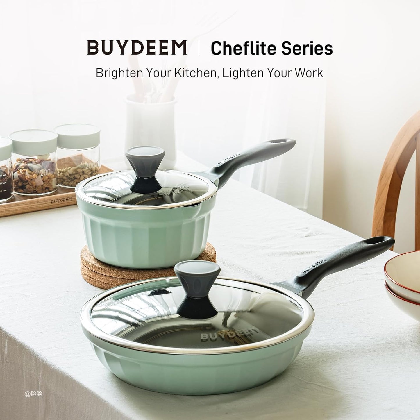 BUYDEEM Cast Aluminum Non Stick Frying Pan 10.2 Inch, Rapid Even Heating Skillet with Glass Lid, All Stovetops Compatible, No PFAS/PFOA Egg Pan with Cool Handle, Cheflite Series CP151 Cozy Greenish