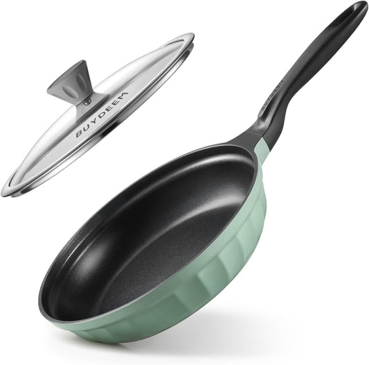 BUYDEEM Cast Aluminum Non Stick Frying Pan 10.2 Inch, Rapid Even Heating Skillet with Glass Lid, All Stovetops Compatible, No PFAS/PFOA Egg Pan with Cool Handle, Cheflite Series CP151 Cozy Greenish