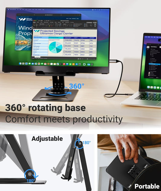Ingnok Portable Monitor,15.6" 1080P Laptop Screen Extender with Adjustable Stand,Portable Monitor for Laptop Mac PC,Ideal for Travel and Office - PuriLite