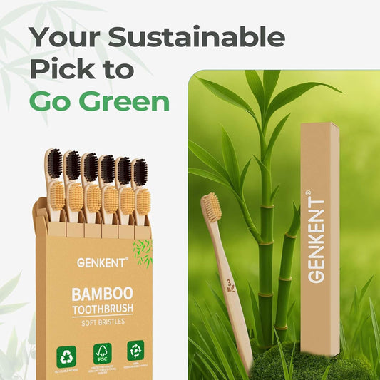 GENKENT 12 Counts Bamboo Toothbrush with BPA Free Soft Bristles Natural Bamboo Charcoal Tooth Brush in Eco Friendly Color Bristle Recycled Biodegradable Wood Tooth Brushes
