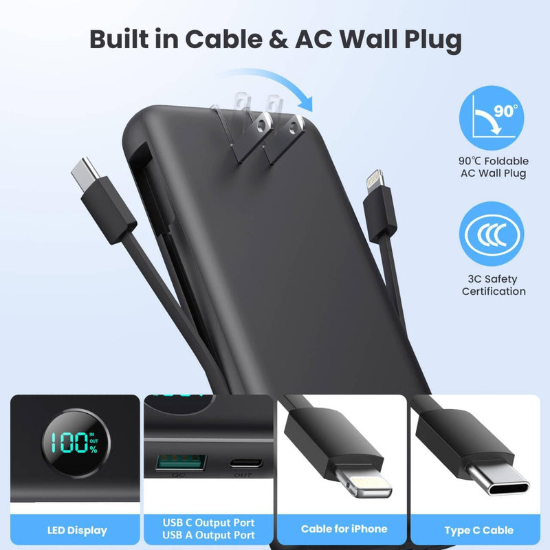 Portable Charger 33800mAh USB C Power Bank with Built-in Cables & AC Wall Plug,25W Fast Charging+QC 4.0 Phone Charger,4 Output LCD Display Battery Pack Compatible with iPhone16/15,Samsung (Black)