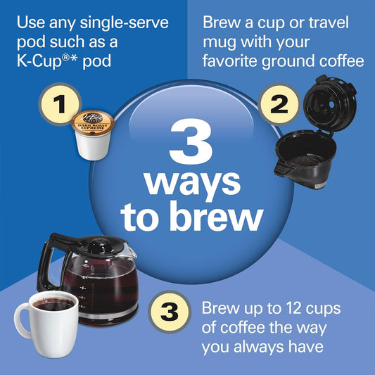 Hamilton Beach FlexBrew Trio 2-Way Coffee Maker, Compatible with K-Cup Pods or Grounds, Combo, Single Serve & Full 12c Pot, Black , 49902