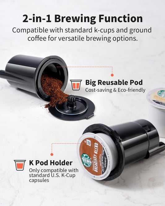 KIDISLE Hot & Iced Coffee Maker for K Cups & Ground Coffee, Single Serve Brewer with Bold Setting, Reusable Filter, Travel Mug Friendly, Compact & Quick Brew, Black