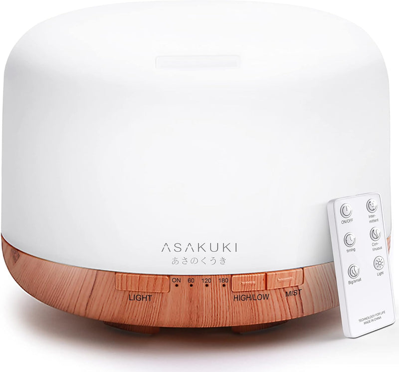 ASAKUKI 500ml Essential Oil Diffuser, 5 in 1 Premium Ultrasonic Aromatherapy Fragrant Oil Vaporizer Humidifier with Remote Control, 3 Timer and Auto-Off Safety Switch, 7 LED Light Colors