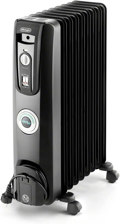 DeLonghi Oil-Filled Radiator Space Heater, Quiet 1500W, Adjustable Thermostat, 3 Heat Settings, Energy Saving, Safety Features, Black, Comfort Temp EW7707CBCA