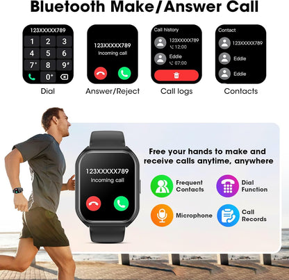 Smart Watch for Men Women with Bluetooth Call,1.85 inch Touch Screen Fitness Watch with Heart Rate Blood Oxygen Sleep Tracker, IP68 Waterproof Smartwatch Compatible with Android iOS (Black)