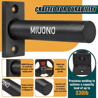 MIUONO Weight Plate Holder, Wall Mounted Weight Rack Storage for 2" Olympic Weight Plate, 4 Pack Home Gym Organizer (Upgraded Larger Screws)
