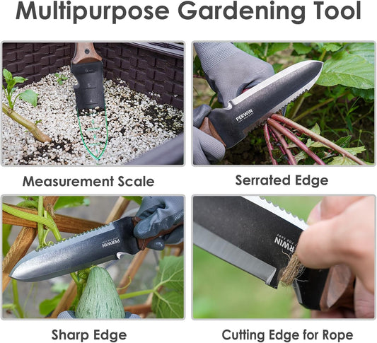 Hori Hori Garden Knife, Garden Tools with Sheath for Weeding,Planting,Digging, 7" Stainless Steel Blade with Cutting Edge, Full-Tang Wood Handle with Hanging Hole - PuriLite