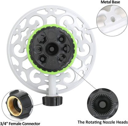 STYDDI Turret Sprinkler, 8-Pattern Stationary Metal Garden Sprinkler with QuickConnect Product Adapter for Small Areas, Gardens, or Odd Shaped Yards