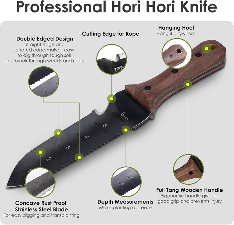 Hori Hori Garden Knife, Garden Tools with Sheath for Weeding,Planting,Digging, 7" Stainless Steel Blade with Cutting Edge, Full-Tang Wood Handle with Hanging Hole