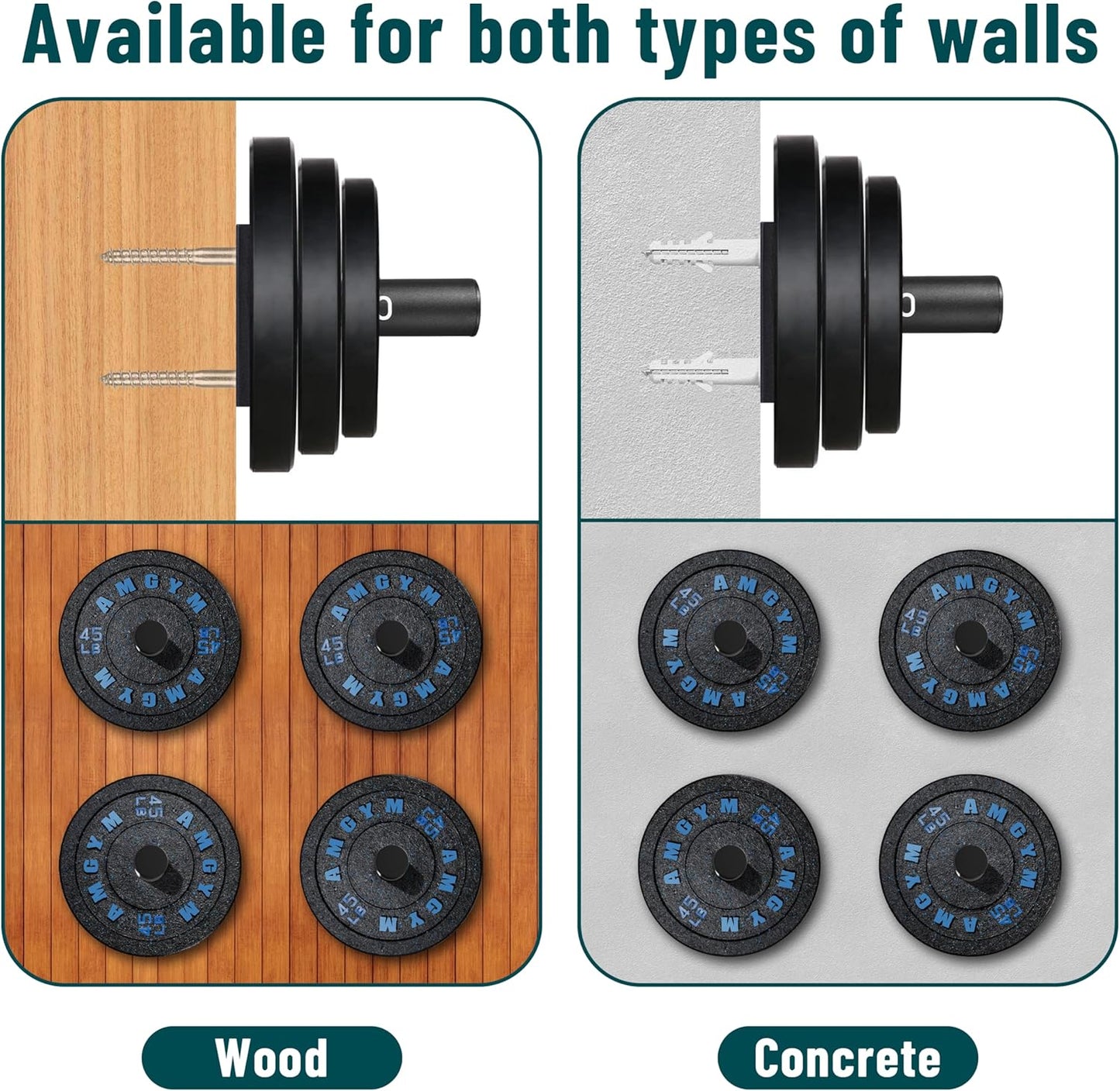 MIUONO Weight Plate Holder, Wall Mounted Weight Rack Storage for 2" Olympic Weight Plate, 4 Pack Home Gym Organizer (Upgraded Larger Screws)