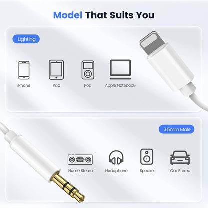 [Apple MFi Certified] Aux Cord for iPhone, Lightning to 3.5 mm AUX Cable for Car Stereo Audio Cable Compatible with iPhone 14/13/12/11/XS/XR/X/8/7 for Car Home Stereo, Speaker, Headphone, -3.3ft white