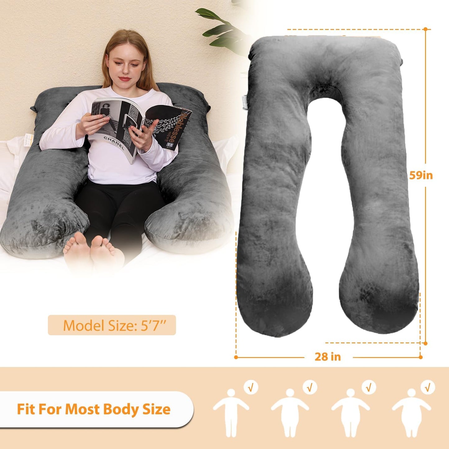 Chilling Home 59 Inch Pregnancy Pillow for Sleeping, Maternity Pillow for Pregnant Women, Full Body Pillow for Adults, Comfort U Shaped Pregnancy Pillow with Removable Washable Velvet Cover, Dark Grey