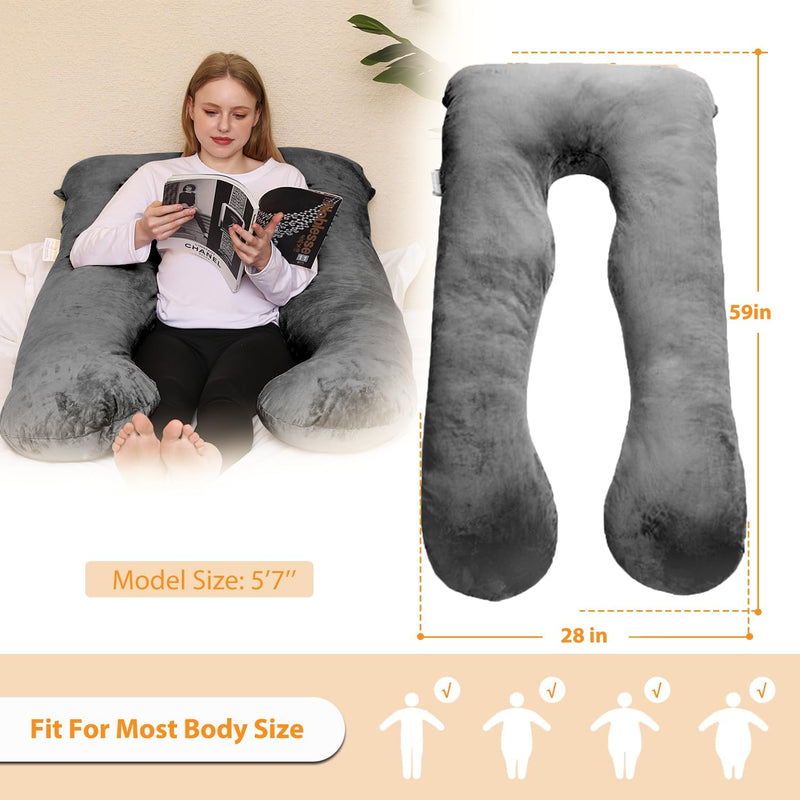 Chilling Home 59 Inch Pregnancy Pillow for Sleeping, Maternity Pillow for Pregnant Women, Full Body Pillow for Adults, Comfort U Shaped Pregnancy Pillow with Removable Washable Velvet Cover, Dark Grey