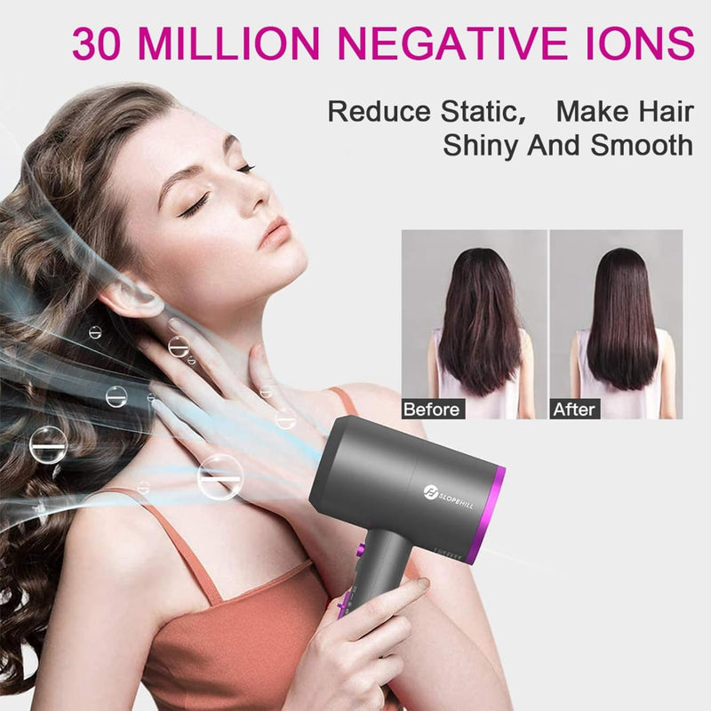 Ion Hair Dryer AC Motor 1800 W Hair Dryer, slopehill Quick Drying Hair Dryer, Salon Hair Dryer with Hot/Cold Button, 3 Hair Dryer Concentrators and Diffuser, 3 Temperature Settings, 2-Speed (Purple)