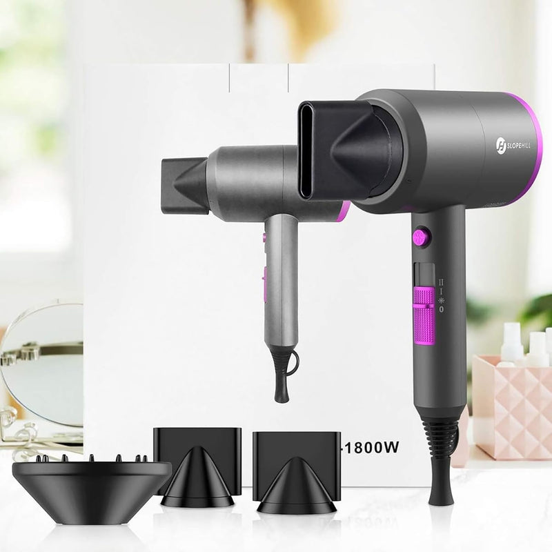 Ion Hair Dryer AC Motor 1800 W Hair Dryer, slopehill Quick Drying Hair Dryer, Salon Hair Dryer with Hot/Cold Button, 3 Hair Dryer Concentrators and Diffuser, 3 Temperature Settings, 2-Speed (Purple)