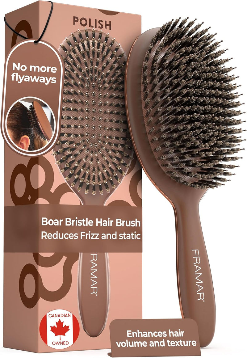 FRAMAR Boar Bristle Hair Brush – Slick Back Hair Brush For Women, Boar Bristle Brush, Slick Back Brush, Hairbrush Women, Brosse a Cheveux, Boar Brush For Volume and Shine – Chocolate