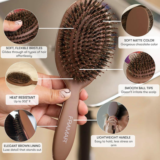 FRAMAR Boar Bristle Hair Brush – Slick Back Hair Brush For Women, Boar Bristle Brush, Slick Back Brush, Hairbrush Women, Brosse a Cheveux, Boar Brush For Volume and Shine – Chocolate - PuriLite