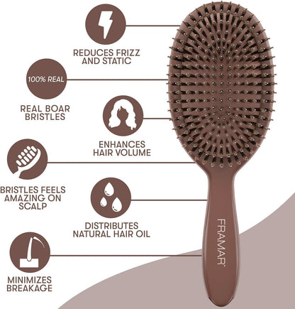FRAMAR Boar Bristle Hair Brush – Slick Back Hair Brush For Women, Boar Bristle Brush, Slick Back Brush, Hairbrush Women, Brosse a Cheveux, Boar Brush For Volume and Shine – Chocolate