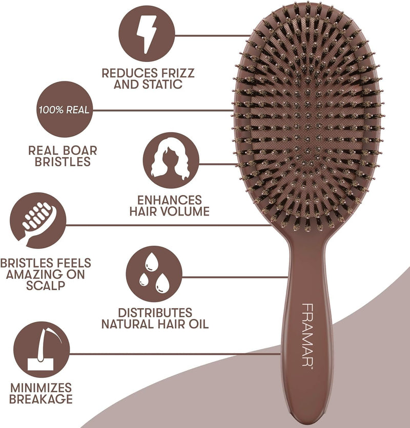 FRAMAR Boar Bristle Hair Brush – Slick Back Hair Brush For Women, Boar Bristle Brush, Slick Back Brush, Hairbrush Women, Brosse a Cheveux, Boar Brush For Volume and Shine – Chocolate