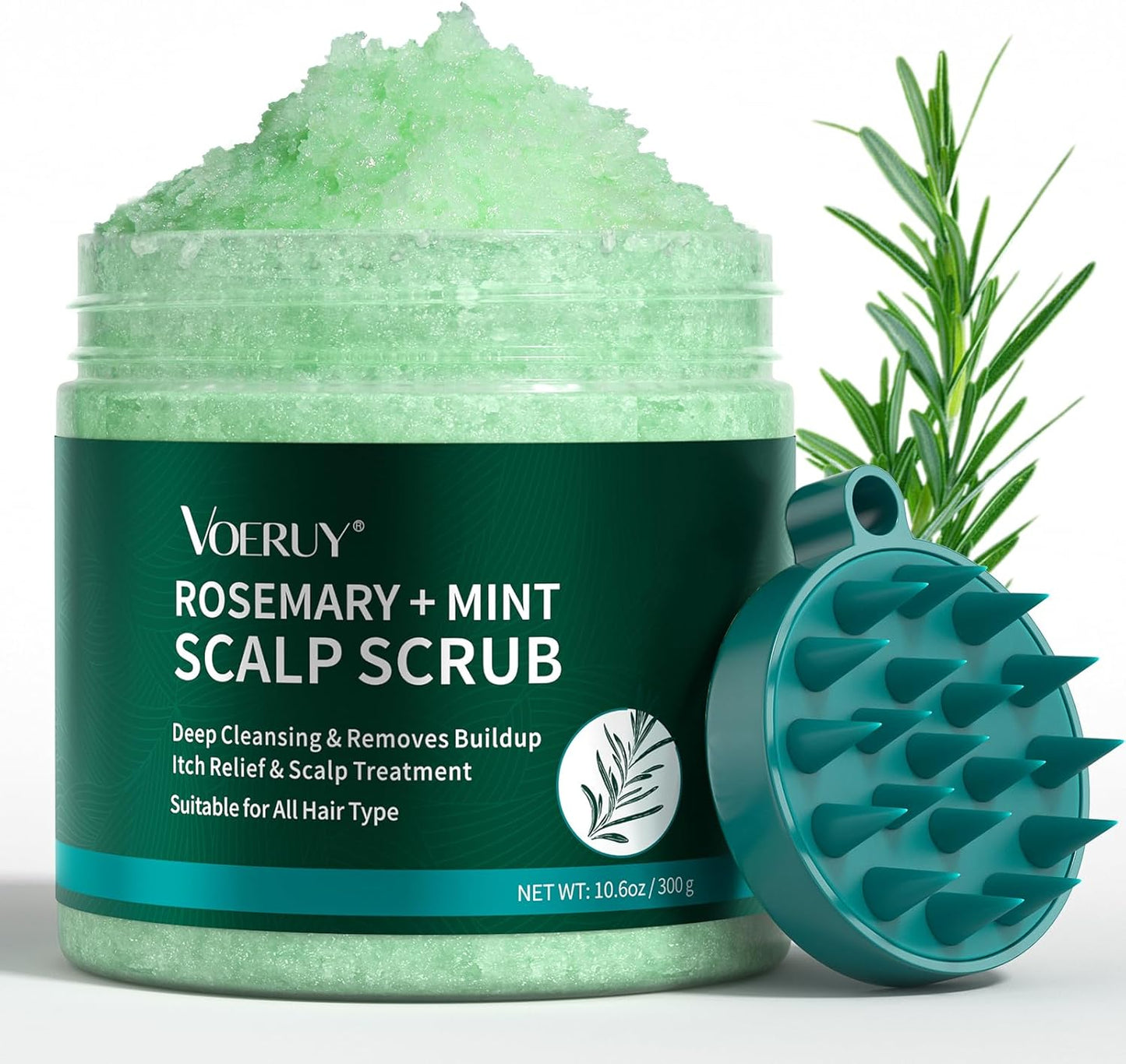 VOERUY Scalp Scrub, Rosemary Scalp Exfoliator Scrub Shampoo, Scalp Treatment with Mint Oil, Hair Treatment to Clarify and Remove Build Up with Silicone Scalp Massager - 300g