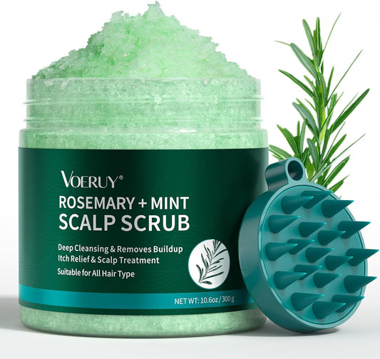 VOERUY Scalp Scrub, Rosemary Scalp Exfoliator Scrub Shampoo, Scalp Treatment with Mint Oil, Hair Treatment to Clarify and Remove Build Up with Silicone Scalp Massager - 300g
