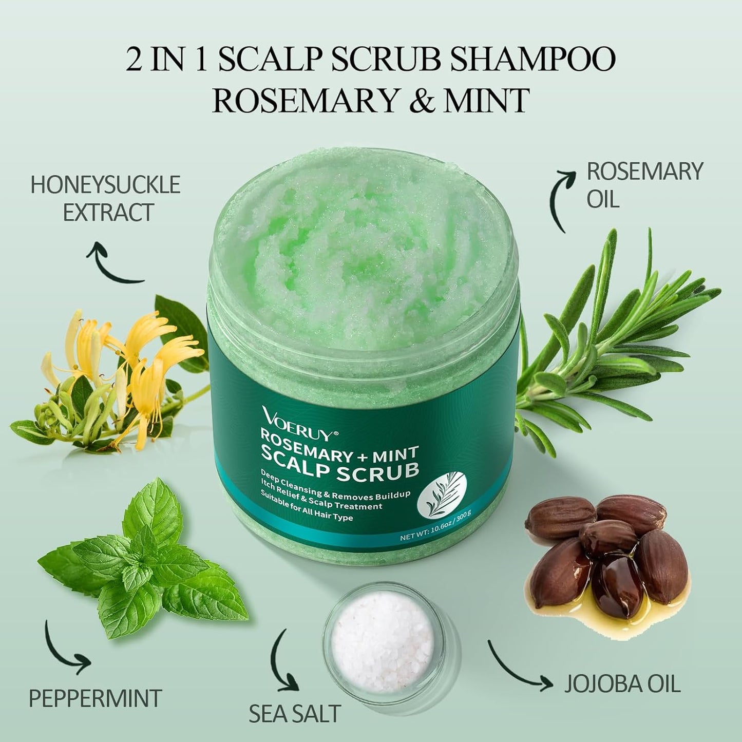 VOERUY Scalp Scrub, Rosemary Scalp Exfoliator Scrub Shampoo, Scalp Treatment with Mint Oil, Hair Treatment to Clarify and Remove Build Up with Silicone Scalp Massager - 300g