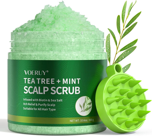 VOERUY Scalp Scrub, Tea Tree Scalp Exfoliator Shampoo, 2-in-1 Hair Treatment with Mint Oil, Clarify and Remove Build up with Silicone Scalp Massager, 10.6oz/300g