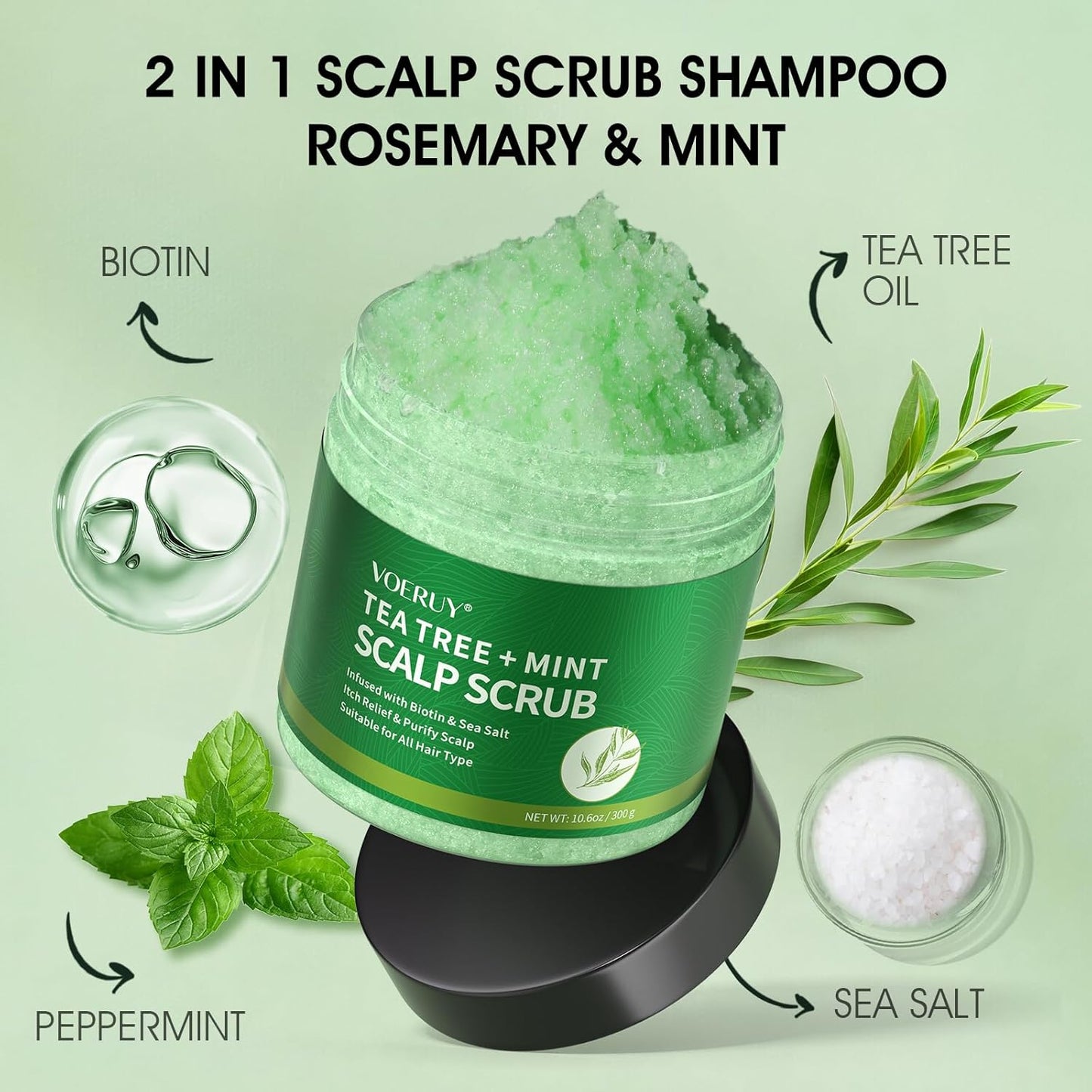 VOERUY Scalp Scrub, Tea Tree Scalp Exfoliator Shampoo, 2-in-1 Hair Treatment with Mint Oil, Clarify and Remove Build up with Silicone Scalp Massager, 10.6oz/300g