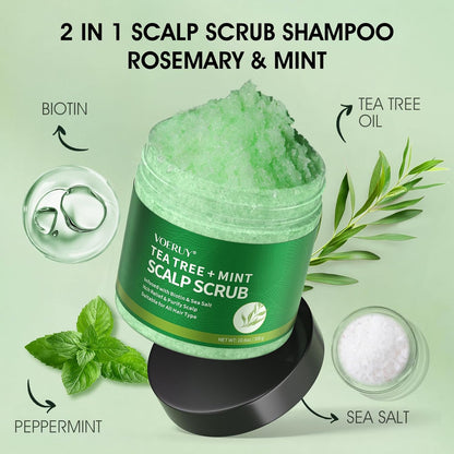 VOERUY Scalp Scrub, Tea Tree Scalp Exfoliator Shampoo, 2-in-1 Hair Treatment with Mint Oil, Clarify and Remove Build up with Silicone Scalp Massager, 10.6oz/300g