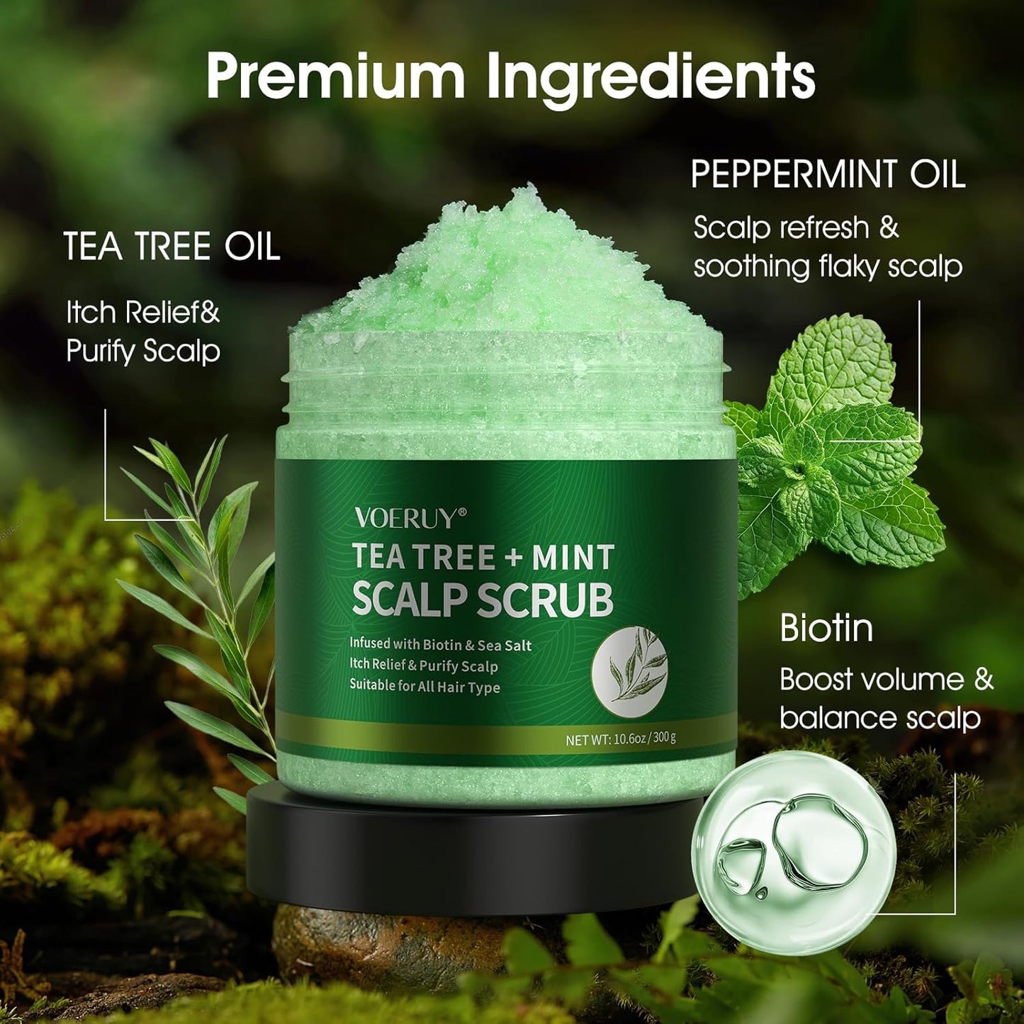 VOERUY Scalp Scrub, Tea Tree Scalp Exfoliator Shampoo, 2-in-1 Hair Treatment with Mint Oil, Clarify and Remove Build up with Silicone Scalp Massager, 10.6oz/300g