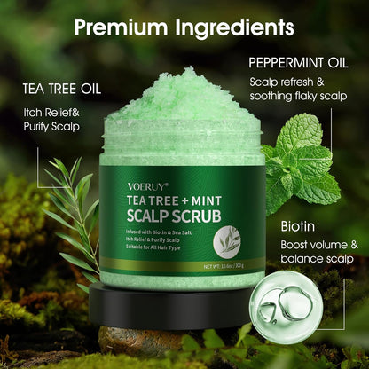 VOERUY Scalp Scrub, Tea Tree Scalp Exfoliator Shampoo, 2-in-1 Hair Treatment with Mint Oil, Clarify and Remove Build up with Silicone Scalp Massager, 10.6oz/300g