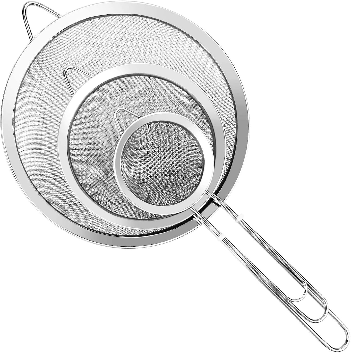 YLYL 3 Pcs Super Wire Extra Fine Mesh Strainer with Handle, Small Medium Large Size Sifter Metal Strainer Set, Stainless Steel Sieve Fine Mesh Strainers for Kitchen Rice Juice Quinoa Food Flour Baking