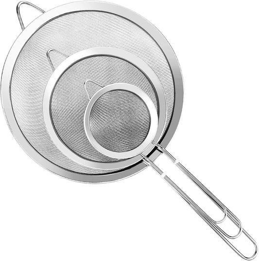 YLYL 3 Pcs Super Wire Extra Fine Mesh Strainer with Handle, Small Medium Large Size Sifter Metal Strainer Set, Stainless Steel Sieve Fine Mesh Strainers for Kitchen Rice Juice Quinoa Food Flour Baking