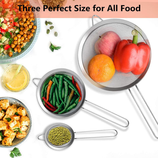 YLYL 3 Pcs Super Wire Extra Fine Mesh Strainer with Handle, Small Medium Large Size Sifter Metal Strainer Set, Stainless Steel Sieve Fine Mesh Strainers for Kitchen Rice Juice Quinoa Food Flour Baking - PuriLite