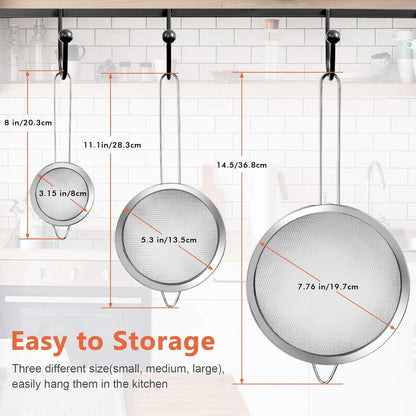 YLYL 3 Pcs Super Wire Extra Fine Mesh Strainer with Handle, Small Medium Large Size Sifter Metal Strainer Set, Stainless Steel Sieve Fine Mesh Strainers for Kitchen Rice Juice Quinoa Food Flour Baking