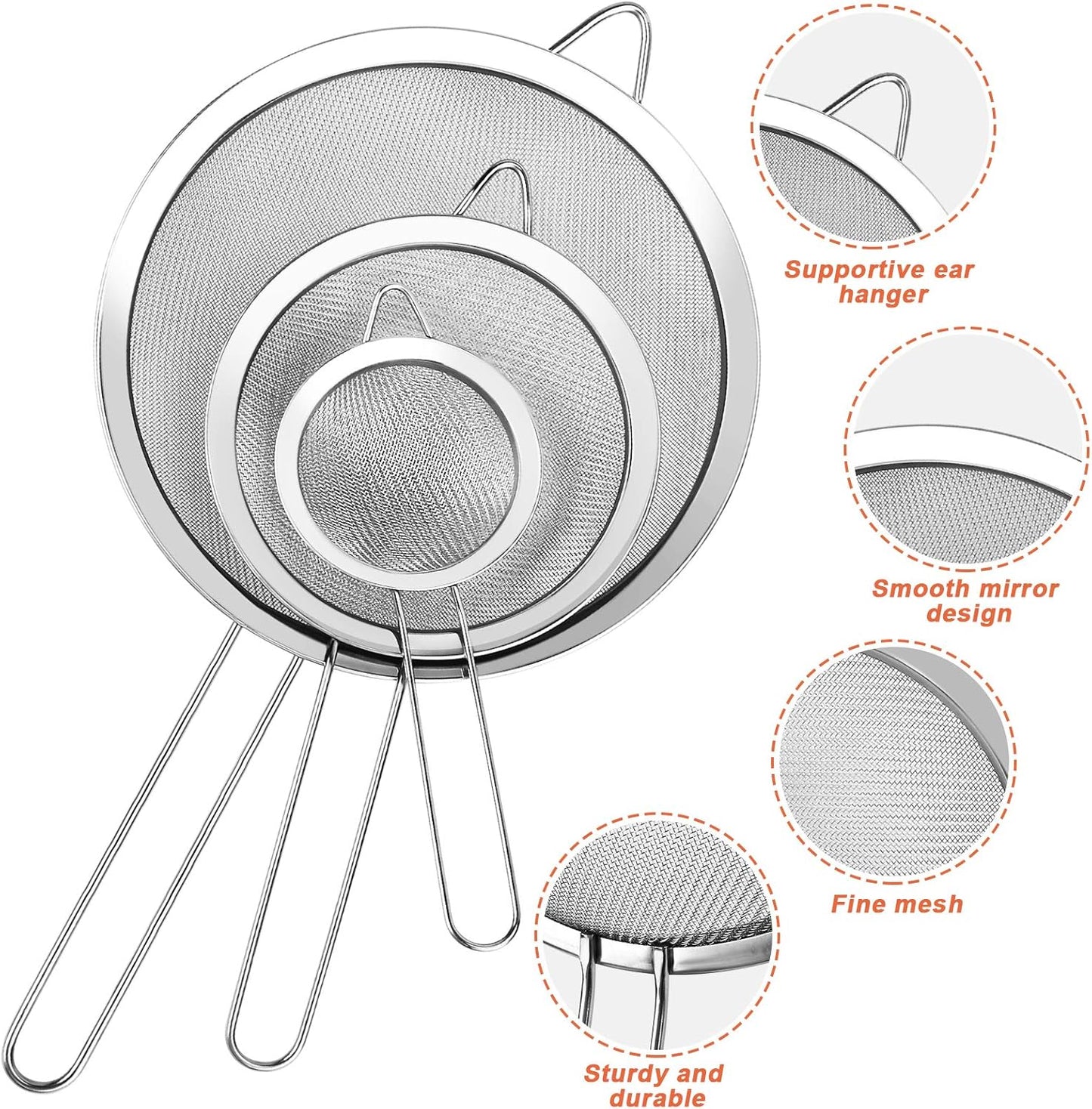 YLYL 3 Pcs Super Wire Extra Fine Mesh Strainer with Handle, Small Medium Large Size Sifter Metal Strainer Set, Stainless Steel Sieve Fine Mesh Strainers for Kitchen Rice Juice Quinoa Food Flour Baking