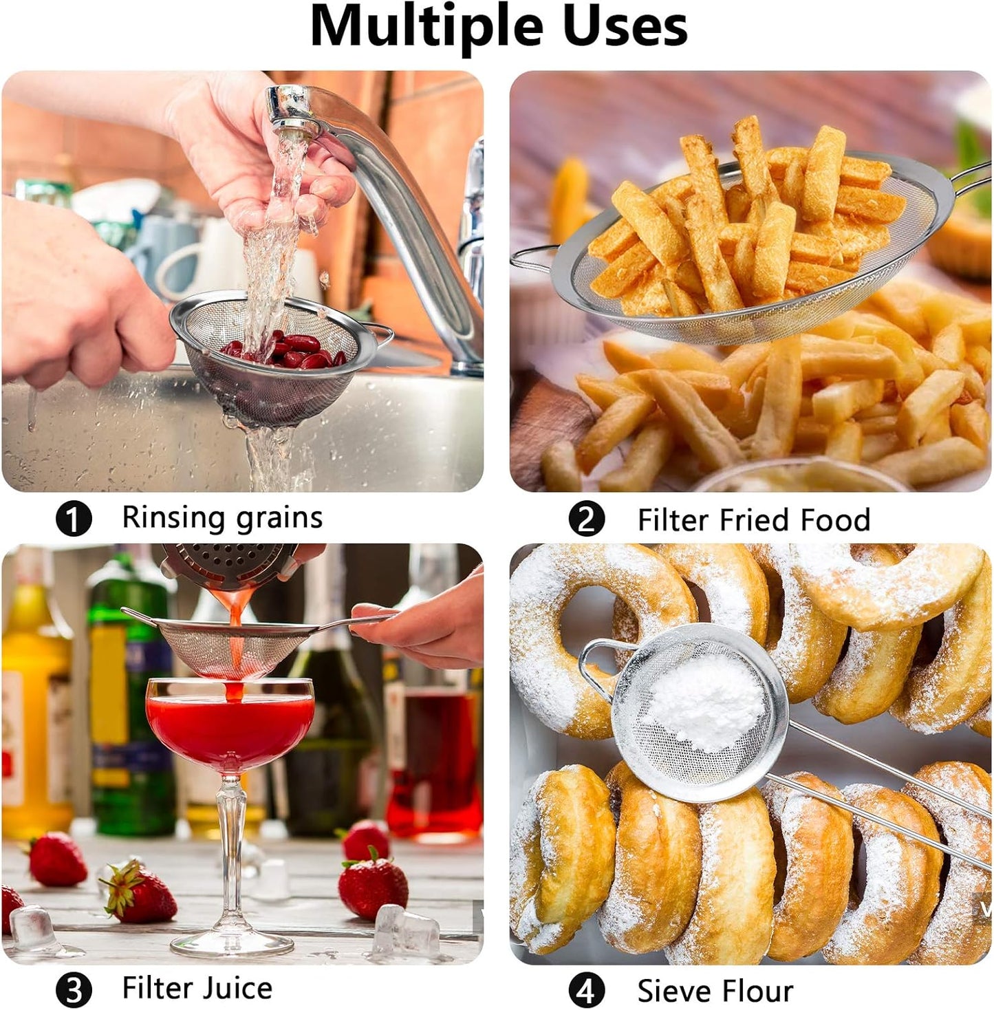 YLYL 3 Pcs Super Wire Extra Fine Mesh Strainer with Handle, Small Medium Large Size Sifter Metal Strainer Set, Stainless Steel Sieve Fine Mesh Strainers for Kitchen Rice Juice Quinoa Food Flour Baking