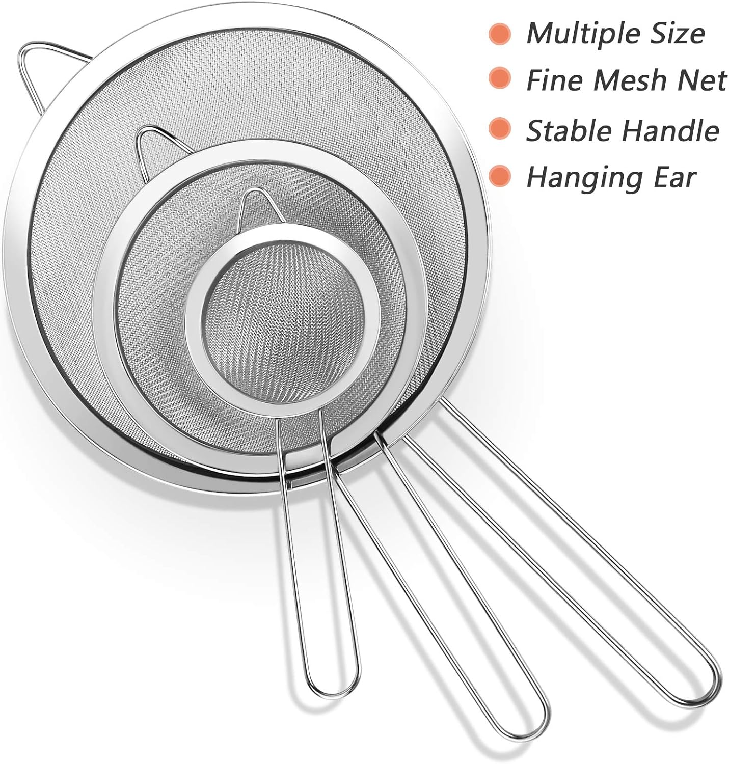 YLYL 3 Pcs Super Wire Extra Fine Mesh Strainer with Handle, Small Medium Large Size Sifter Metal Strainer Set, Stainless Steel Sieve Fine Mesh Strainers for Kitchen Rice Juice Quinoa Food Flour Baking