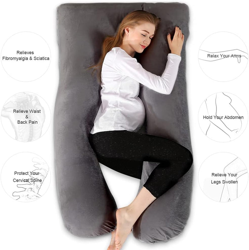 Chilling Home 59 Inch Pregnancy Pillow for Sleeping, Maternity Pillow for Pregnant Women, Full Body Pillow for Adults, Comfort U Shaped Pregnancy Pillow with Removable Washable Velvet Cover, Dark Grey