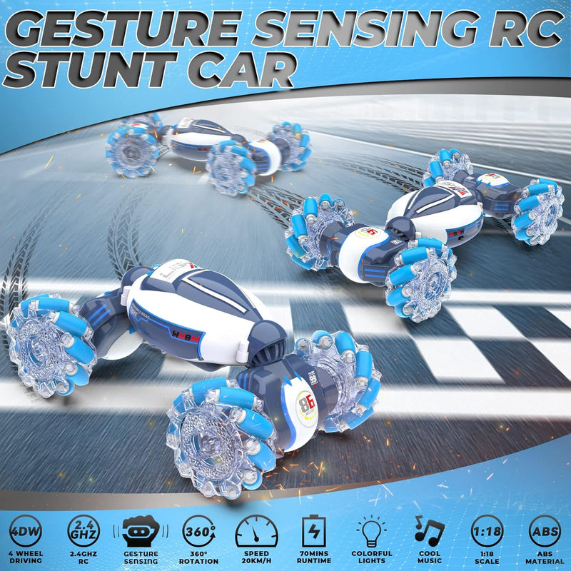 Dysaim Remote Control Car, Gesture Sensing RC Stunt Car Toys, 2.4GHz 4WD RC Drift Car, Creative Gifts for Kids Boys Girls Ages 6+, Double Sided Rotating Off Road Vehicle 360° Flips with Lights Music