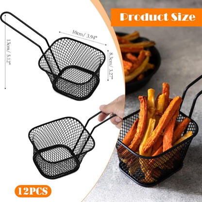 12 Pcs Mini Square Fry Basket Bulk Stainless Steel French Fry Holder Food Baskets for Serving Fryer Container with Handle Reusable Small Deep Fryer Holder for Home Kitchen Decor (Black)