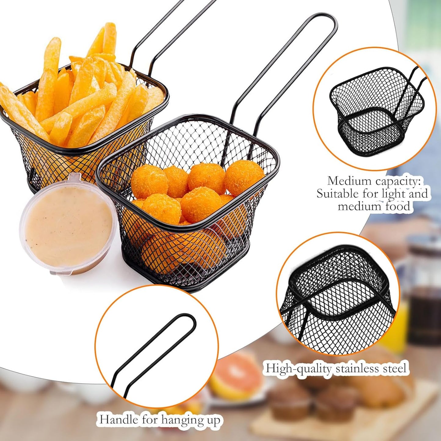 12 Pcs Mini Square Fry Basket Bulk Stainless Steel French Fry Holder Food Baskets for Serving Fryer Container with Handle Reusable Small Deep Fryer Holder for Home Kitchen Decor (Black)