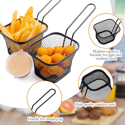 12 Pcs Mini Square Fry Basket Bulk Stainless Steel French Fry Holder Food Baskets for Serving Fryer Container with Handle Reusable Small Deep Fryer Holder for Home Kitchen Decor (Black)