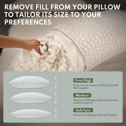 HEYCUZI Adjustable Pillows Queen Size Set of 2 - Cooling Shredded Memory Foam Pillow for Sleeping 2 Pack, Cool Bed Pillows for Side, Back, and Stomach Sleepers, Gel Pillow Washable Removable Cover