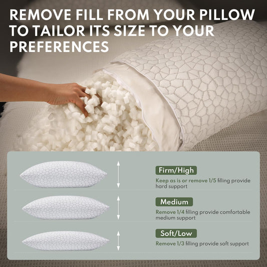 HEYCUZI Adjustable Pillows Queen Size Set of 2 - Cooling Shredded Memory Foam Pillow for Sleeping 2 Pack, Cool Bed Pillows for Side, Back, and Stomach Sleepers, Gel Pillow Washable Removable Cover - PuriLite