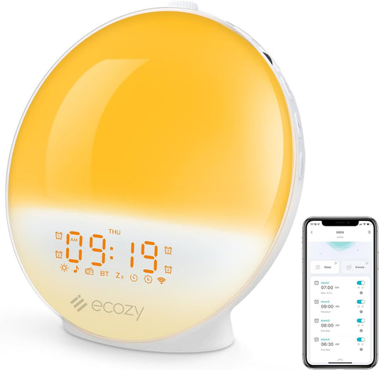 ecozy Sunrise Alarm Clock for Heavy Sleepers, Smart Wake Up Light with Sunrise/Sunset Simulation, App & Voice Controlled, Natural Sounds & FM Radio, 4 Alarms & Snooze, 8 Colors Night Light for Bedroom