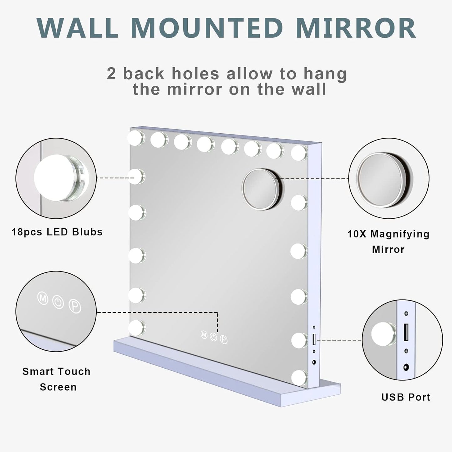 COOLJEEN 31.5x23.6-inch Large Hollywood Beauty Makeup Mirror with 18 LED Bulbs 3 Colors Lighting Mode Cosmetic Vanity USB Charging Port 10X Magnifier for Women Girl (White,No Bluetooth)