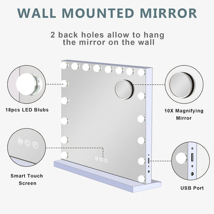 COOLJEEN 31.5x23.6-inch Large Hollywood Beauty Makeup Mirror with 18 LED Bulbs 3 Colors Lighting Mode Cosmetic Vanity USB Charging Port 10X Magnifier for Women Girl (White,No Bluetooth)